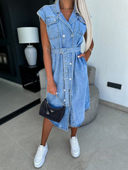 Light wash denim shirtdress with belt, button front, collar, and cap sleeves.