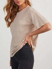 Linen boxy tee in tan with patch pocket and crew neck.