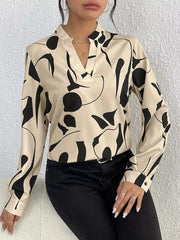 Abstract Print Notched Long Sleeve Blouse in Beige, model styling view