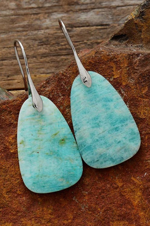 Aqua amazonite teardrop dangle earrings with silver hooks.
