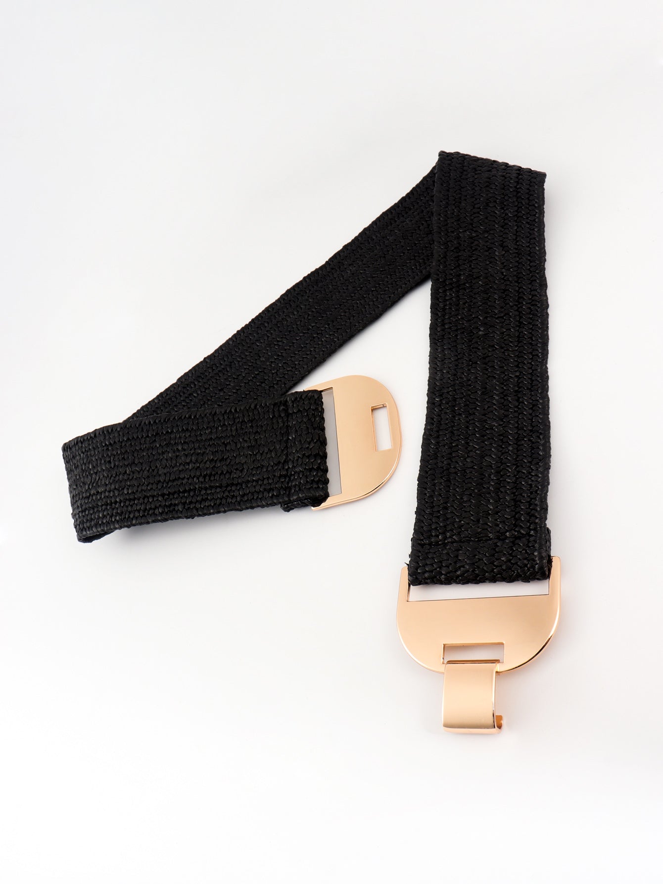 Black raffia belt with textured weave and gold-tone buckle detail
