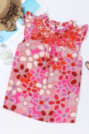 Floral embroidered yoke ruffle sleeve top in strawberry pink with a bold floral print.