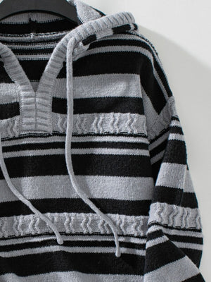 Textured stripe knit hoodie with V-neck in dark gray and white, featuring drawstring hood.