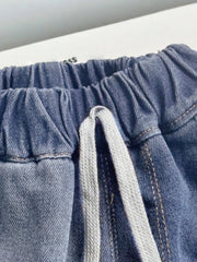 Relaxed denim shorts with elastic waistband and drawstring detail