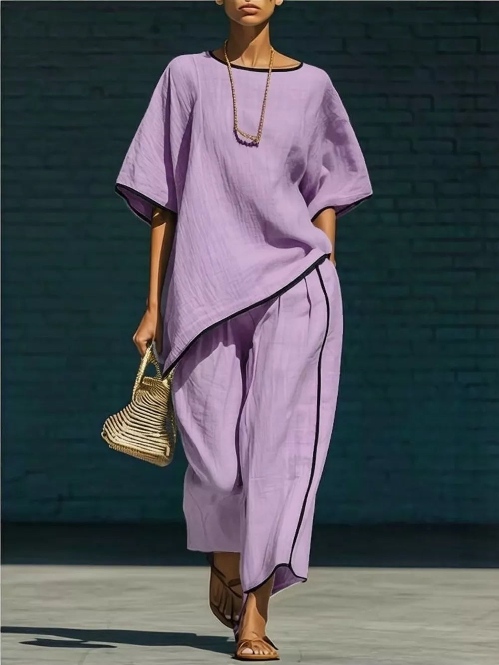 Purple two-piece set with contrast trim, half sleeves, and wide-leg pants.