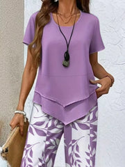 Chic Layered Top & Leaf Print Pants Set