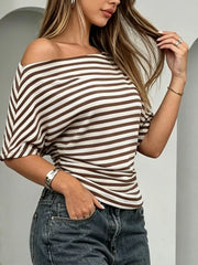 One Shoulder Striped Dolman Sleeve T-shirt in Gray, product detail