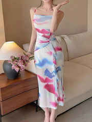 Abstract Watercolor Ruched Midi Dress in Yellow, fabric detail