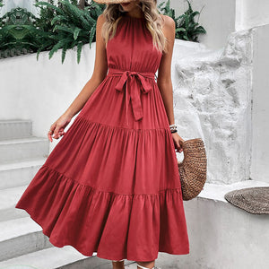 Burgundy halter neck tiered midi dress with belted waist and ruffle hem