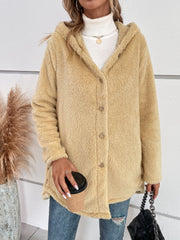 Pastel yellow teddy bear hooded button-up jacket with button closure.