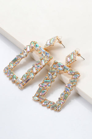 Geometric jewel box earrings with multicolor crystals and gold alloy setting.
