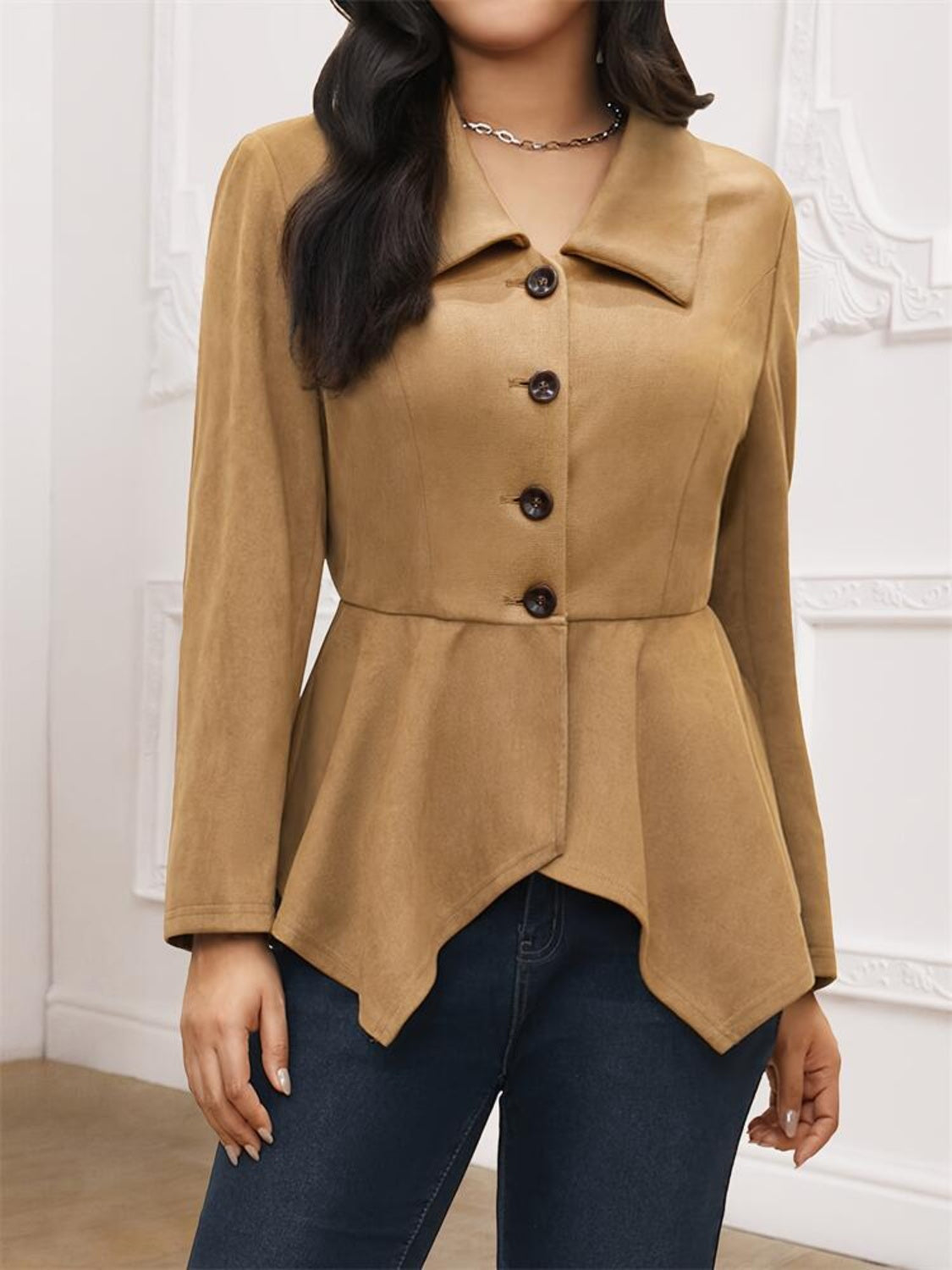 Camel suede effect blazer with peplum hem and button closure