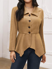 Camel suede effect blazer with peplum hem and button closure