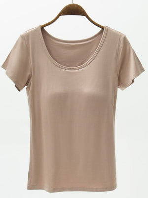 Khaki scoop neck tee with built-in bra and short sleeves