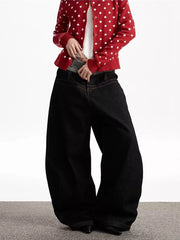 Dark wash cotton wide leg jeans with layered double waist detail.