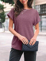 Purple red ribbed knit t-shirt with short sleeves and a crew neck.