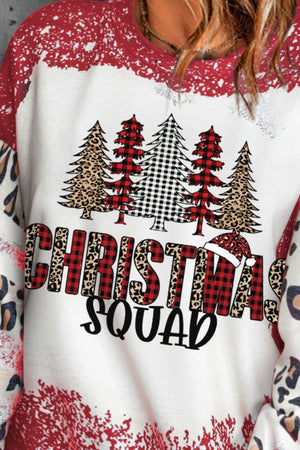 Christmas Squad graphic sweatshirt with trees and leopard print accents.