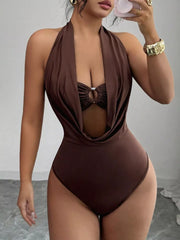 Brown halter neck cutout ruched bodysuit with ring detail