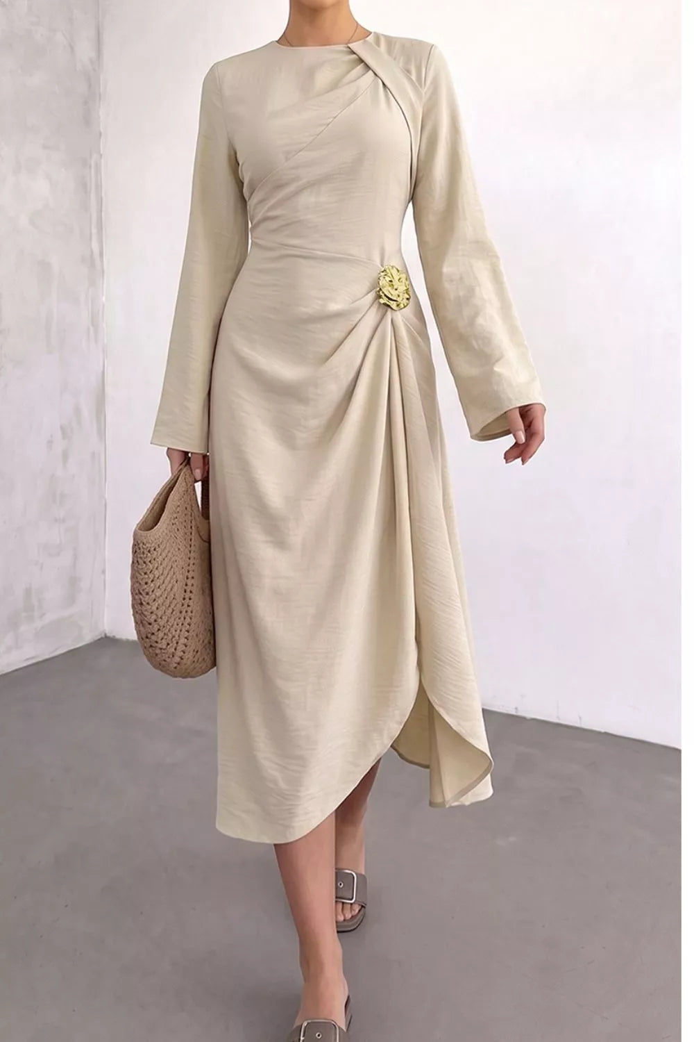 Ruched Long Sleeve Midi Dress in Beige, fabric detail