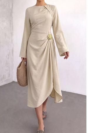 Ruched Long Sleeve Midi Dress in Beige, fabric detail