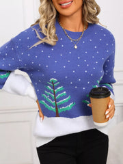 Blue acrylic sweater with white snow and green tree pattern, crew neck, long sleeves.