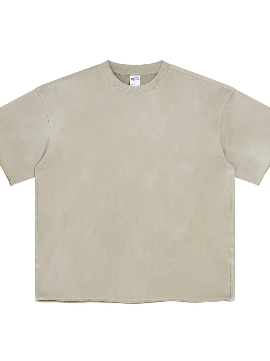 Khaki boxy t-shirt with raw hem and crew neck.