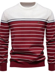 Burgundy and white striped crewneck sweater with a textured white yoke and navy trim.