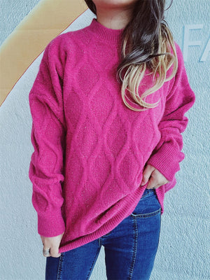Hot Pink sparkle knit sweater with diamond pattern, mock neck, and relaxed fit.