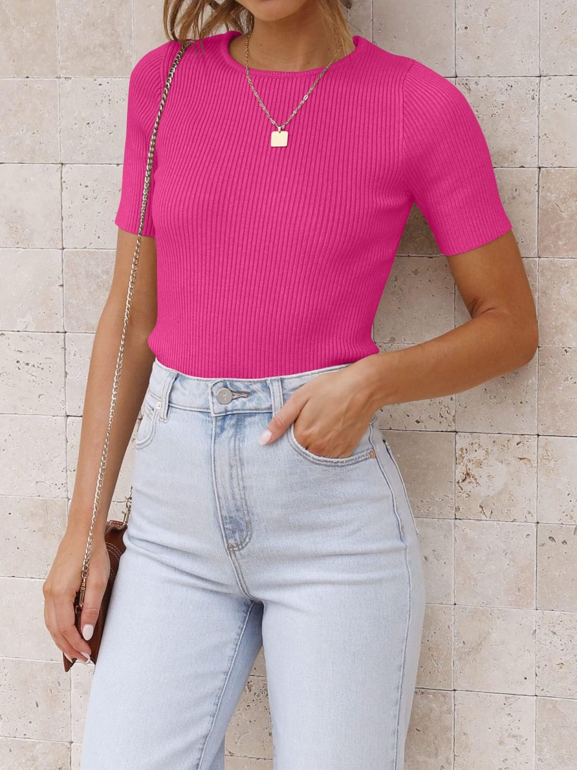 Sculpted rib knit t-shirt in Fuchsia Pink with short sleeves and a crew neck.