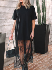 Black t-shirt maxi dress with sheer floral lace skirt detail.