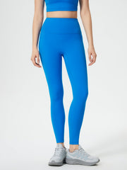 Blue high-waisted sculpted contour leggings with seamless detail.