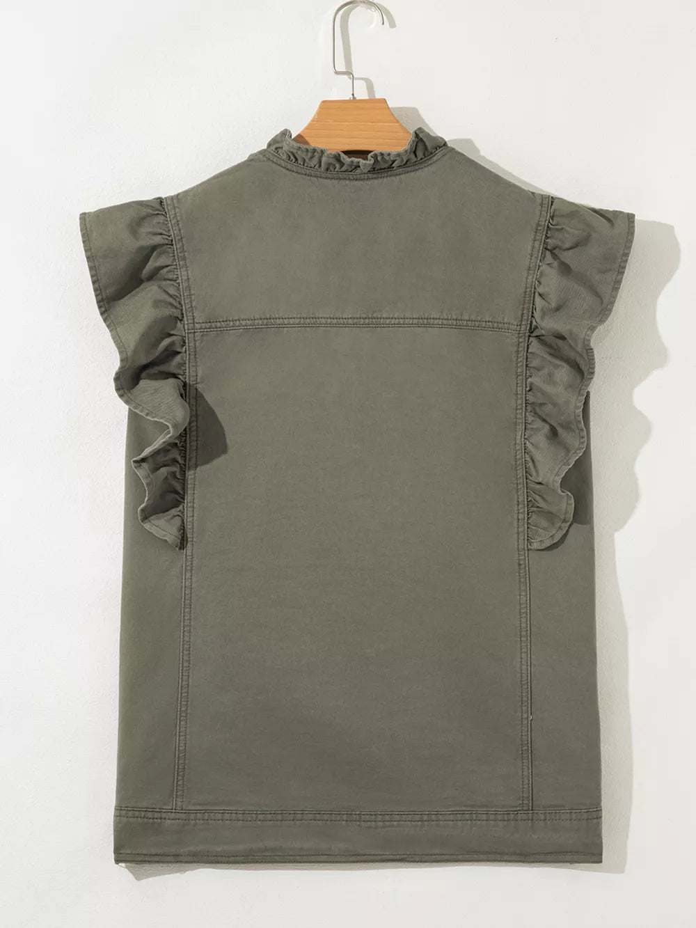 Ruffled denim vest with button closure in olive green cotton, featuring ruffled cap sleeves and a stand collar.