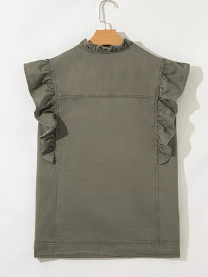 Ruffled denim vest with button closure in olive green cotton, featuring ruffled cap sleeves and a stand collar.