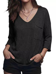 V-neck Chest Pocket Knit Top in Black, model styling view
