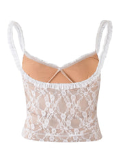 Lace ruffle trim cami in tan with a bow detail and crisscross straps.