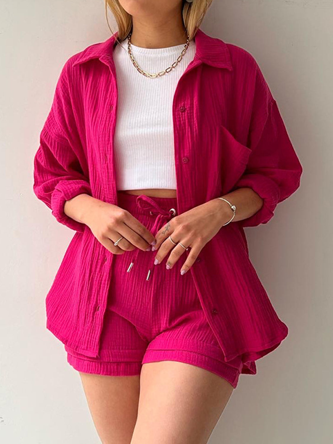 Hot Pink textured gauze shirt and shorts set with drawstring waist and button front.