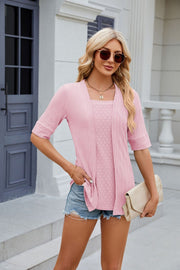Layered knit square neck top in blush pink with short sleeves and open front cardigan.