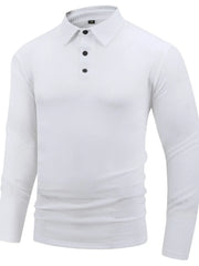 White textured long sleeve polo shirt with articulated sleeves and buttoned placket.