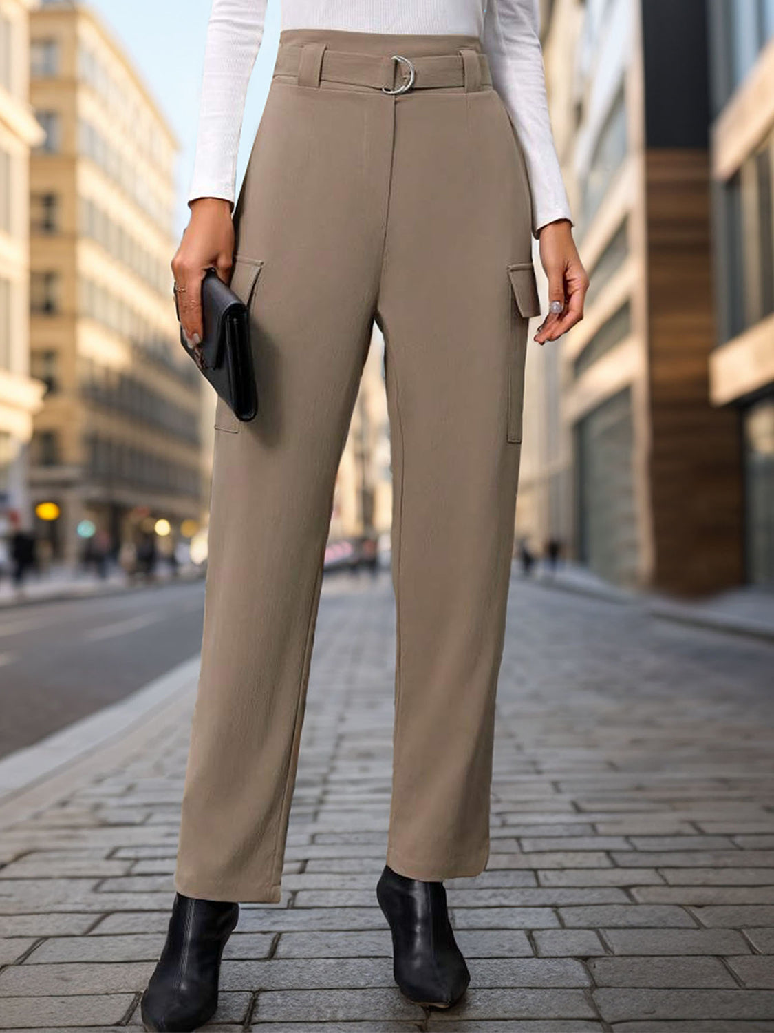 Mocha cargo pants with D-ring belt and straight leg cut.
