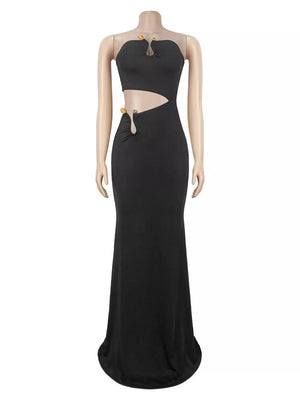 White fitted maxi dress with strapless