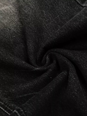 Men's black vintage wash wide leg jeans, cotton denim fabric detail