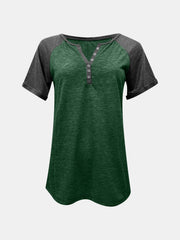 Raglan sleeve henley tee in dark green with gray sleeves and button detail
