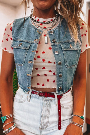 Sheer white t-shirt with all-over red heart print and lettuce hem.
