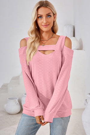 Blush pink geometric cutout shoulder top with square neckline and long sleeves