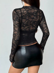 Sheer Lace Long Sleeve Top in Black, close-up detail