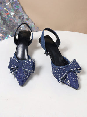 Blue denim slingback heels with rhinestone bowknot detail