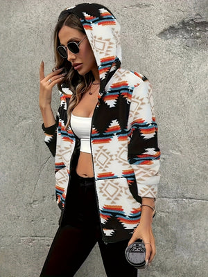 Aztec geo-print sherpa zip hoodie in black with colorful geometric patterns.