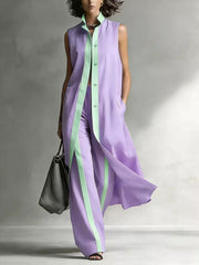 Sleeveless Longline Vest And Wide-leg Pants Set in Pink, alternate angle