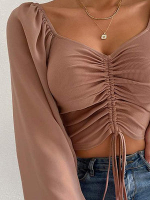 Camel ruched bodice puff sleeve crop top with drawstring detail