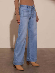 Sailor-inspired light wash wide leg denim jeans with utility pockets and a cuffed hem.